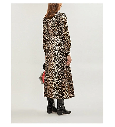 Shop Ganni V-neck Bishop-sleeve Animal-print Stretch-silk Midi Dress In Leopard