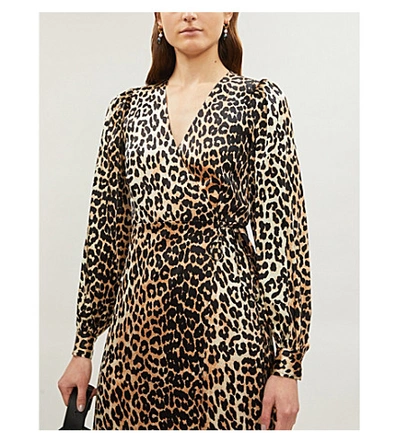 Shop Ganni V-neck Bishop-sleeve Animal-print Stretch-silk Midi Dress In Leopard