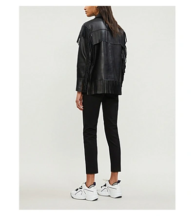 Shop Sandro Fringed Leather Jacket In Black