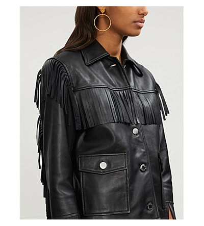 Shop Sandro Fringed Leather Jacket In Black