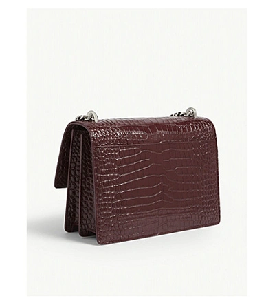 Shop Saint Laurent Sunset Medium Croc-embossed Leather Shoulder Bag In Rouge Legion Silver