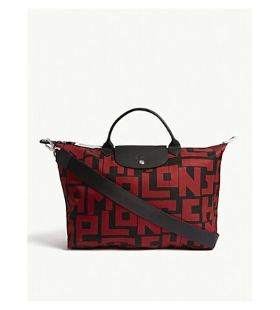 Shop Longchamp Le Pliage Canvas Shoulder Bag In Black/brick