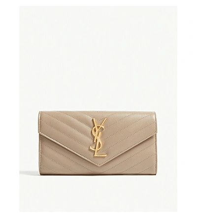 Shop Saint Laurent Monogram Quilted Leather Wallet In Dusty Grey Taupe Gold