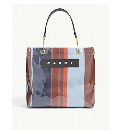 Shop Marni Glossy Striped Medium Top-handle Tote Bag In Lacquer