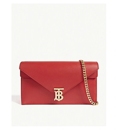 Shop Burberry Tb-logo Leather Envelope Clutch In Red / Gold