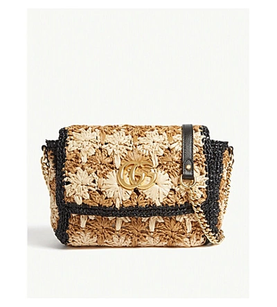 Shop Gucci Raffia-effect Marmont Shoulder Bag In Natural Ecru Black