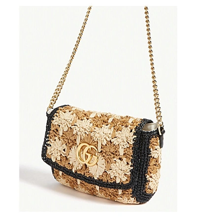 Shop Gucci Raffia-effect Marmont Shoulder Bag In Natural Ecru Black