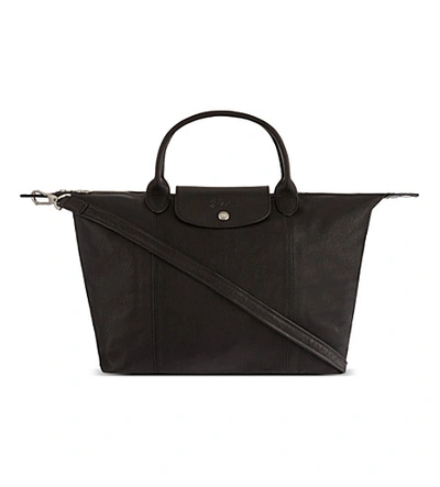 Shop Longchamp Le Pliage Cuir Medium Handbag In Black
