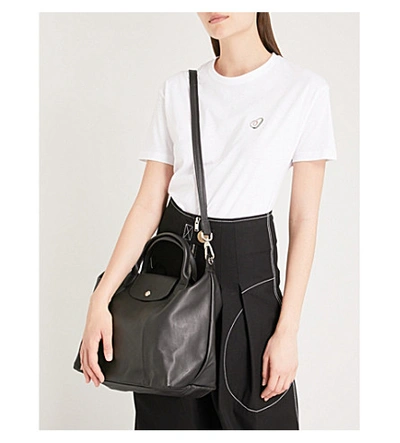 Shop Longchamp Le Pliage Cuir Medium Handbag In Black