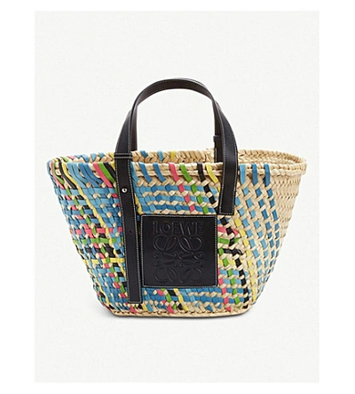 Shop Loewe Raffia And Leather Basket Bag In Blue Multitone/black