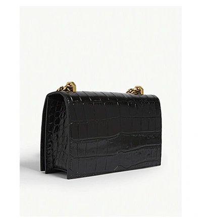 Shop Alexander Mcqueen Jewelled Croc-embossed Leather Shoulder Bag In Black/gold