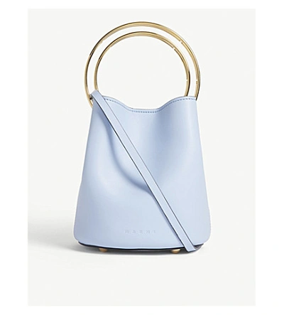 Shop Marni Pannier Small Double Hoop Leather Bucket Bag In Light Blue