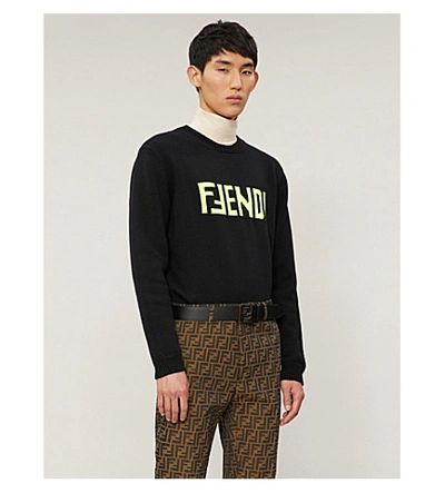 Shop Fendi Logo Intarsia Wool Jumper In Black Yellow