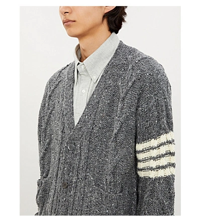 Shop Thom Browne Cable-knit Wool And Mohair-blend Cardigan In Med Grey