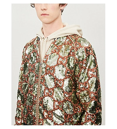 Shop Gucci Logo-embroidered Sequinned Bomber Jacket In Green Orange