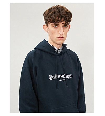 Shop Balenciaga Logo-print Cotton-jersey Hoody In Navy White