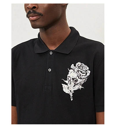 Shop Alexander Mcqueen Skull Rose-embroidered Cotton-piqué Polo Shirt In Black