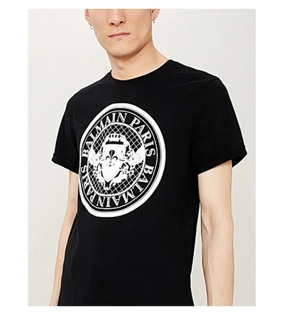 Shop Balmain Coin Logo-flocked Cotton-jersey T-shirt In Black White
