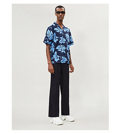 Shop Prada Hibiscus-print Relaxed-fit Cotton Shirt In Navy Blue