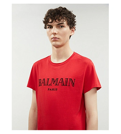 Shop Balmain Logo-appliqué Cotton-jersey T-shirt In Red