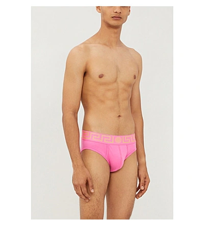 Shop Versace Iconic Stretch-cotton Briefs In Hot Pink