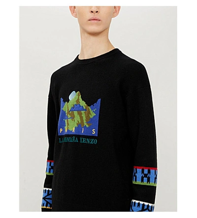 Shop Kenzo Mountain-embroidered Wool-blend Knit Jumper In Black
