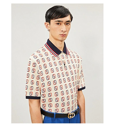 Shop Gucci Logo-print Cotton-piqué Polo Shirt In Ivory Navy L.red