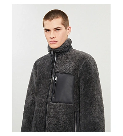 Shop Loewe High-neck Shearling Jacket In Grey Black