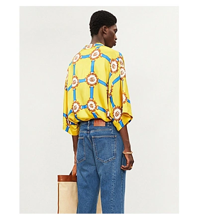 Shop Gucci Graphic-print Oversized Satin Shirt In Crop Fern Blue Prt