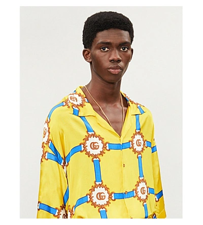 Shop Gucci Graphic-print Oversized Satin Shirt In Crop Fern Blue Prt