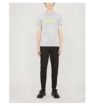 Shop Dsquared2 Distressed Logo-print Cotton-blend Jersey T-shirt In Grey Melange