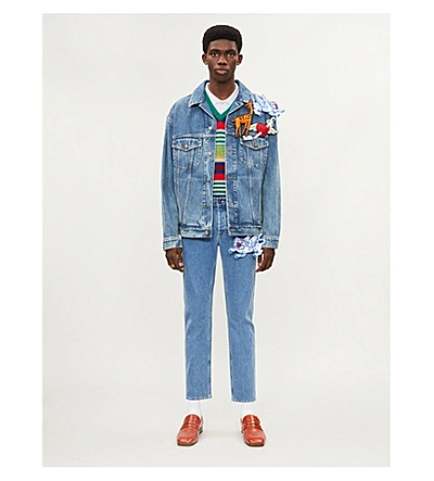 Shop Gucci Applique-embellished Tapered Jeans In Blue Multi