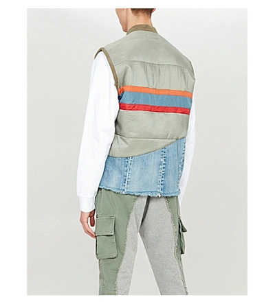 Shop Greg Lauren Striped Shell And Denim Gilet In Army Blue