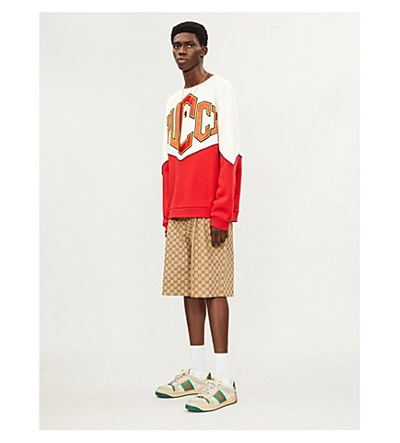 Shop Gucci Two-tone Logo-print Cotton-jersey Sweatshirt In Natural+navy+red
