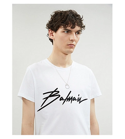 Shop Balmain Logo-flocked Cotton-jersey T-shirt In White