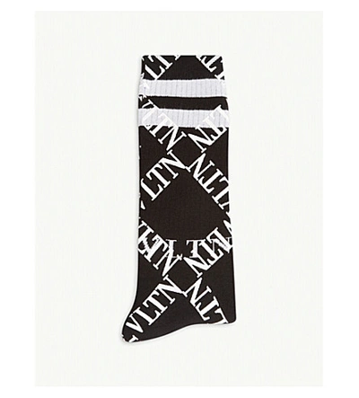 Shop Valentino Vltn Grid Cotton Socks In Black White