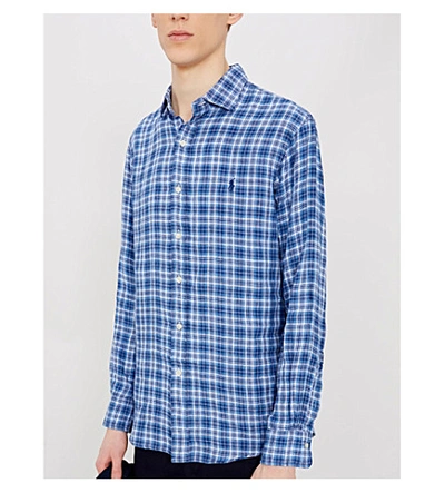 Shop Polo Ralph Lauren Checked Slim-fit Linen Shirt In 3335 Azure/navy Multi