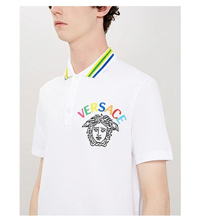 Shop Versace Logo-embroidered Cotton-piqué Polo Shirt In Bianco