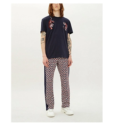 Shop Valentino Tiger-embroidered Cotton-jersey T-shirt In Navy