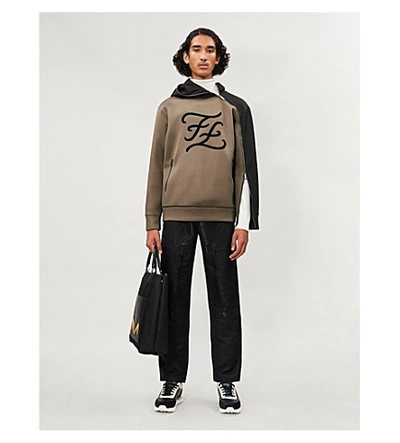 Shop Fendi Logo-print Woven Hoody In Beige Black