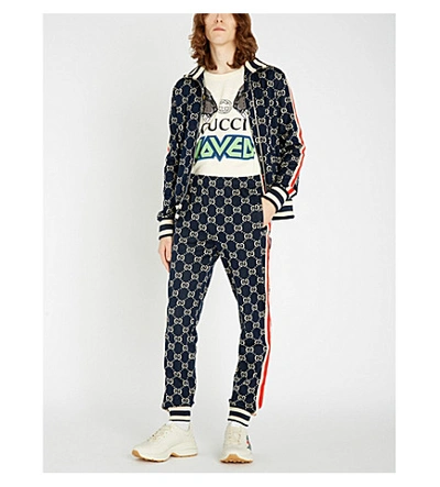 Shop Gucci Gg-intarsia Cotton-jersey Jogging Bottoms In Blue Beige