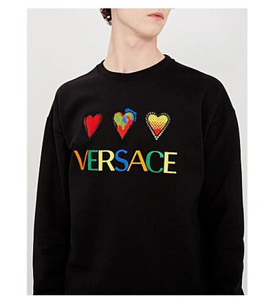 Shop Versace Logo-embroidered Heart-appliqué Cotton-jersey Sweatshirt In Nero