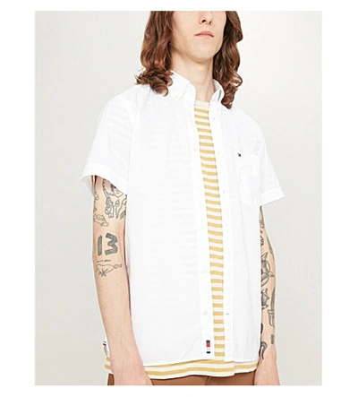 Shop Tommy Hilfiger Logo-embroidered Slim-fit Cotton-poplin Shirt In Bright White