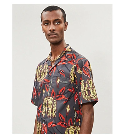 Shop Prada Lilium-print Relaxed-fit Cotton Shirt In Grey Red Yellow