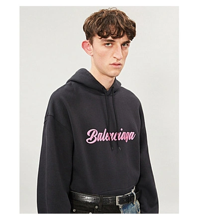 Shop Balenciaga Logo-print Cotton-jersey Hoody In Black Pink