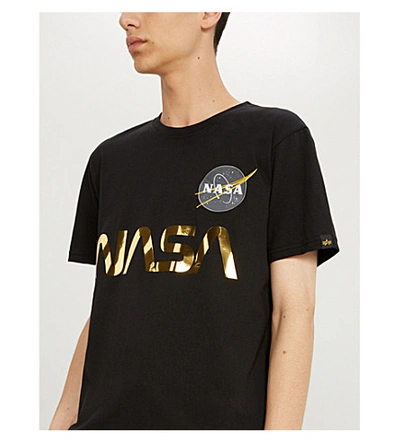 Shop Alpha Industries Reflective Nasa-print Cotton-jersey T-shirt In Black Gold