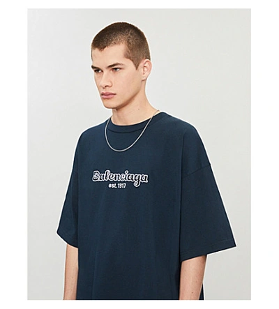 Shop Balenciaga Logo-print Cotton-jersey T-shirt In Navy White