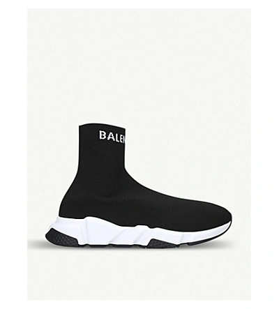 Shop Balenciaga Men's Blk/white Speed-knit Knitted Mid-top Trainers