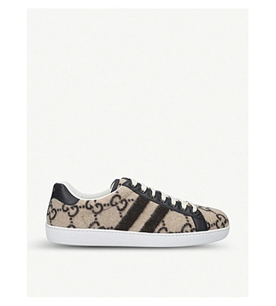 Shop Gucci New Ace Logo-print Cotton-terry Trainers In Beige Comb
