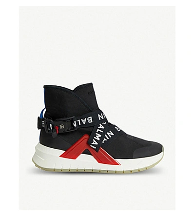Shop Balmain Troop Strap Leather And Mesh Trainers In Blk/red